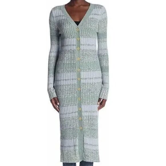 Free People Women's Large Long Cardigan Sweater Dress Button Up Knit Ribbed Blue - Picture 1 of 6